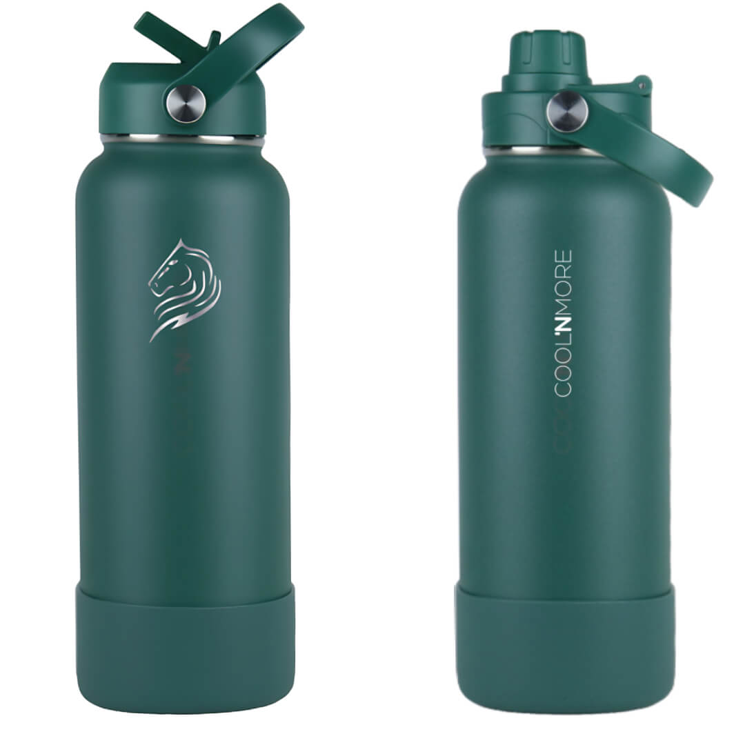 Coolnmore θερμος 1200ml με καλαμακι και sports καπακι. Two green water bottles with different designs on a white background