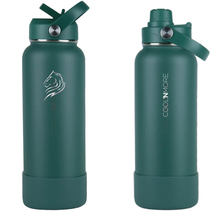 Coolnmore θερμος 1200ml με καλαμακι και sports καπακι. Two green water bottles with different designs on a white background
