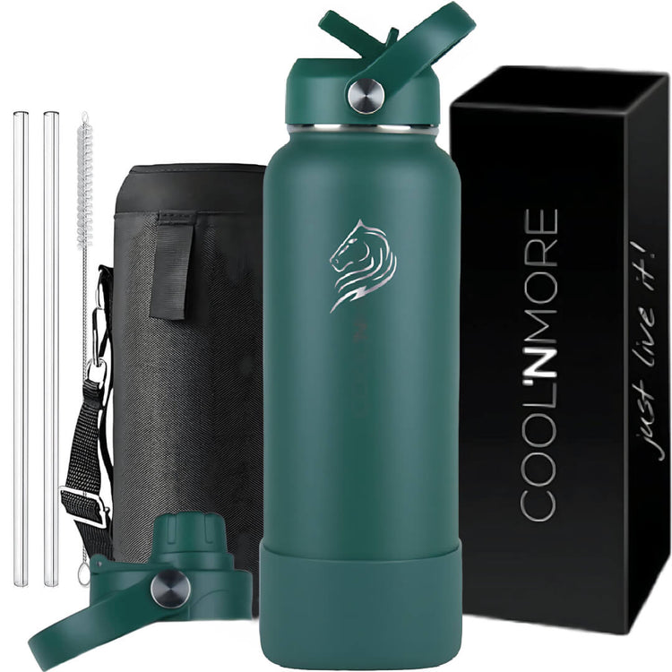 Coolnmore θερμος 1200ml με 9 αξεσουαρ. Green water bottle with 9 accessories and Cool'nMore branding gift box