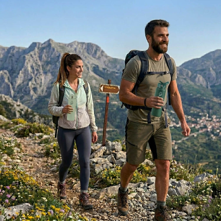 couple in hiking holding Coolnmore θερμος 1200ml. Two hikers on a mountain trail with scenic mountains in the background