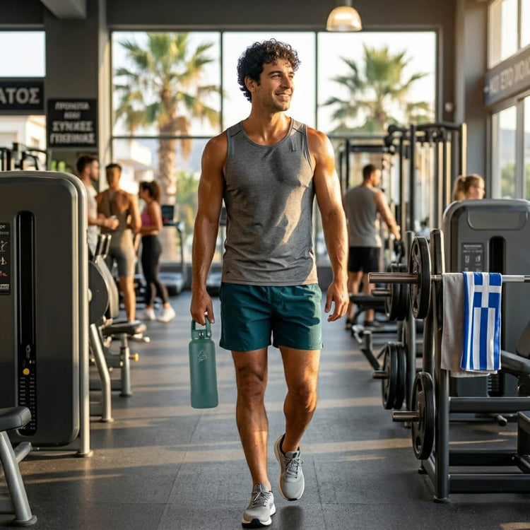 Ανδρας στο γυμναστηριο με Coolnmore θερμος 1200ml. Man walking in a gym holding a water bottle coolnmore