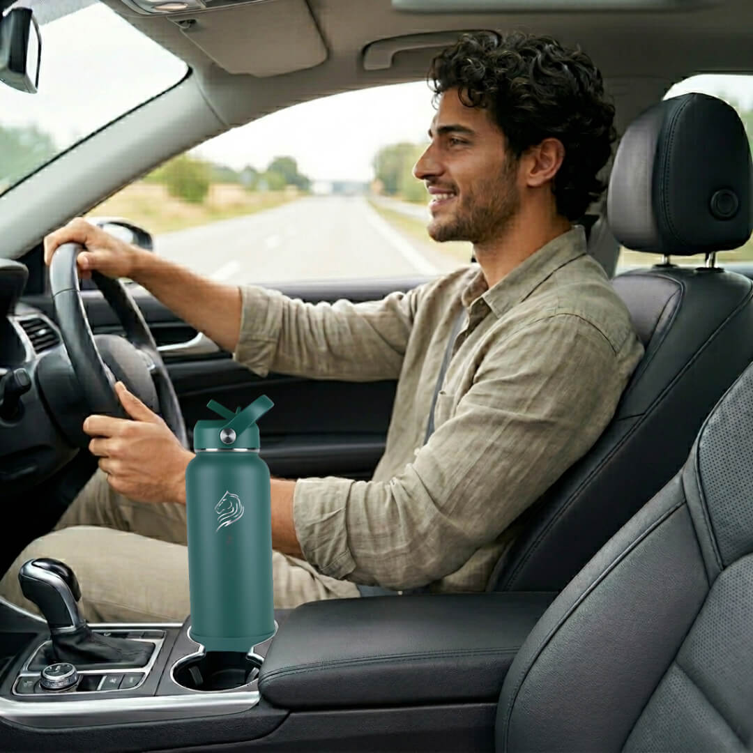 Man driving a car with a Coolnmore θερμος 1200ml water bottle in the cup holder