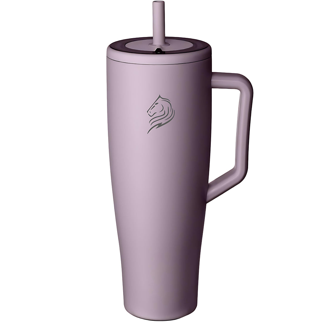 Coolnmore Mulberry tumbler θερμος 1200ml με καλαμακι.  Purple tumbler with a handle and straw lid on a white background