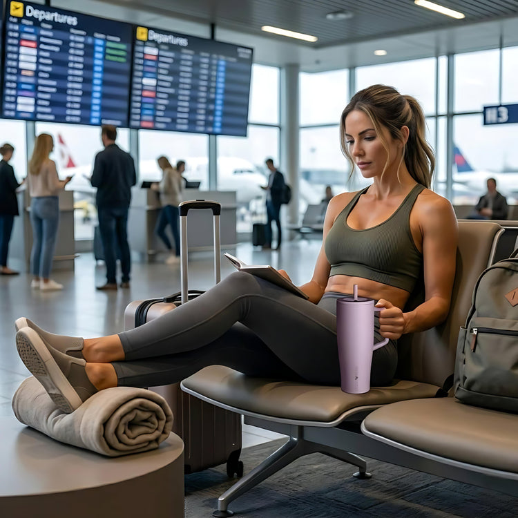 Γυναικα στην αναμονη του αεροδρομιου με το Coolnmore Mulberry tumbler θερμος 1200ml με καλαμακι. Woman sitting in an airport terminal reading a book with a pink cup.