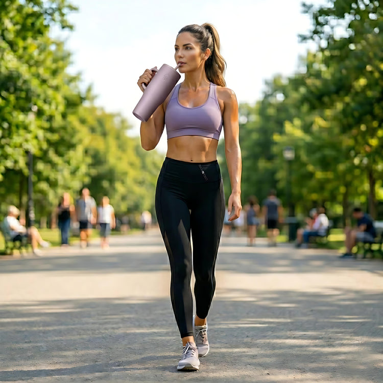 Γυναικα σε περιπατο στο παρκο κραταει Coolnmore Mulberry tumbler θερμος 1200ml με καλαμακι