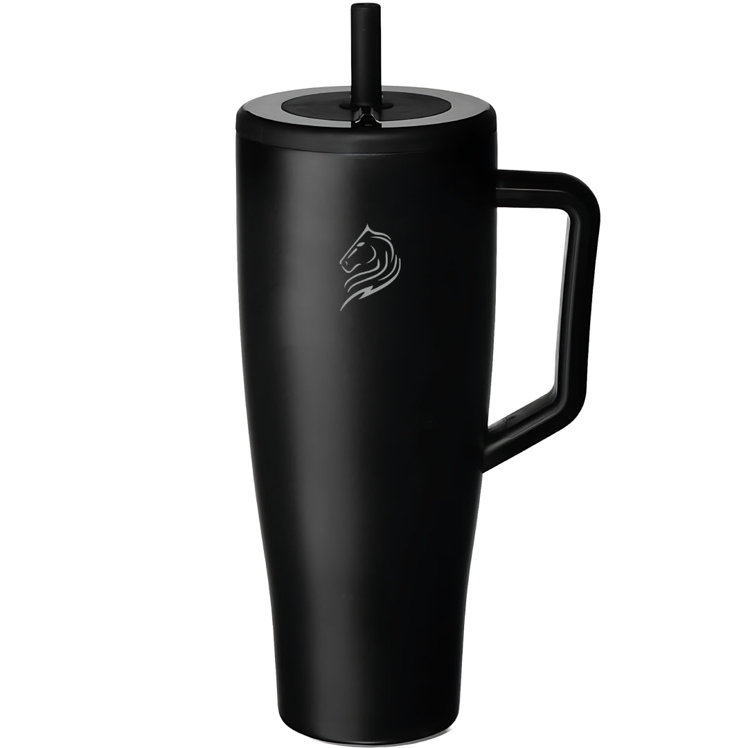 coolnmore nero vogue tumbler θερμος 1200ml με καλαμακι ανοξειδωτο.  Black insulated mug with handle and straw lid on a white background