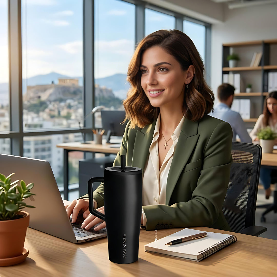 coolnmore nero vogue tumbler θερμος 1200ml με καλαμακι ανοξειδωτο.  Woman sitting at a desk with a laptop and mug, smiling in an office setting with cityscape view.