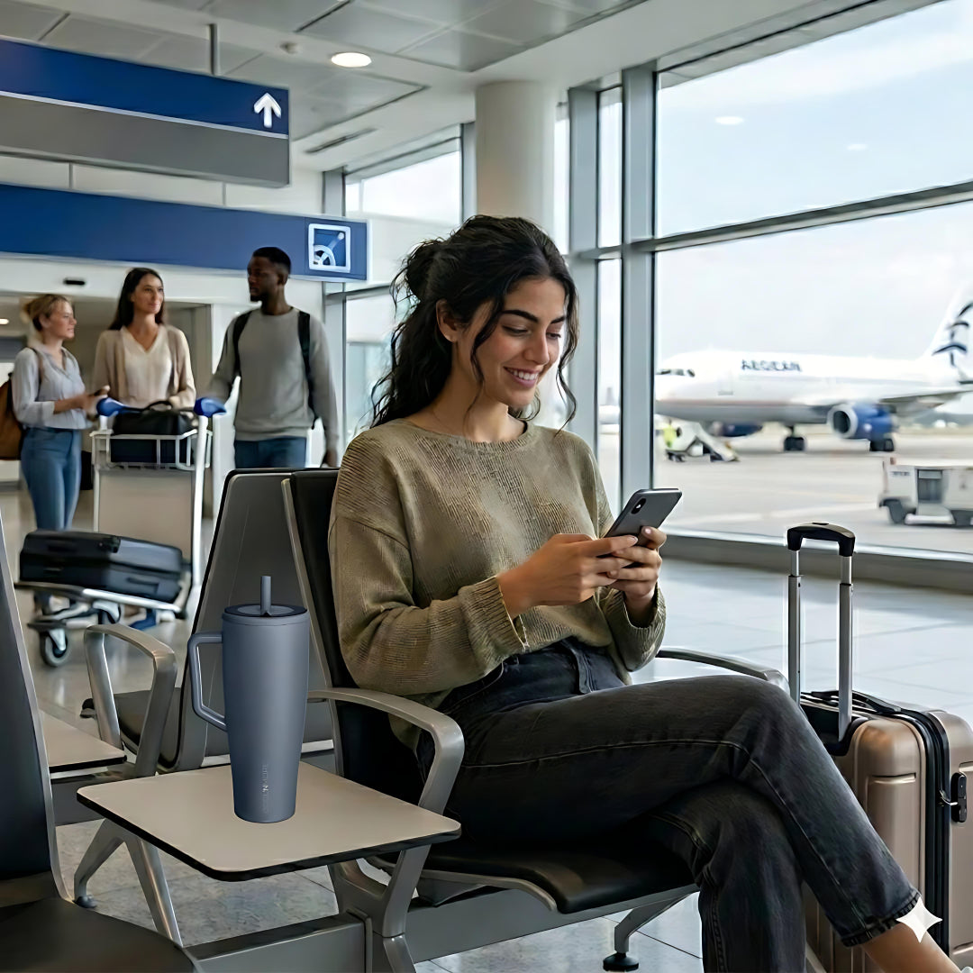 Woman in the airport with a grey coolnmore titanium vogue tumbler θερμος 1200ml με καλαμακι 
