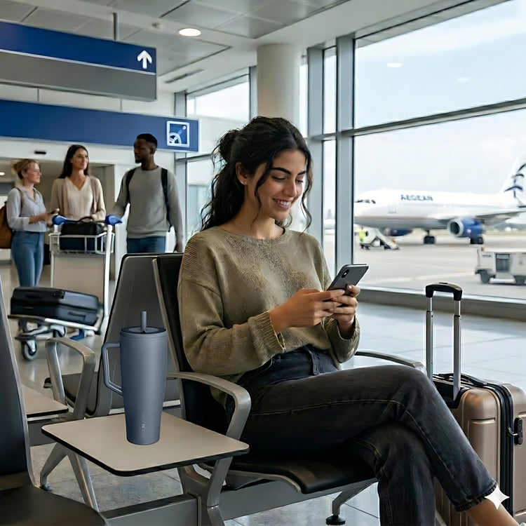 Woman in the airport with a grey coolnmore titanium vogue tumbler θερμος 1200ml με καλαμακι 