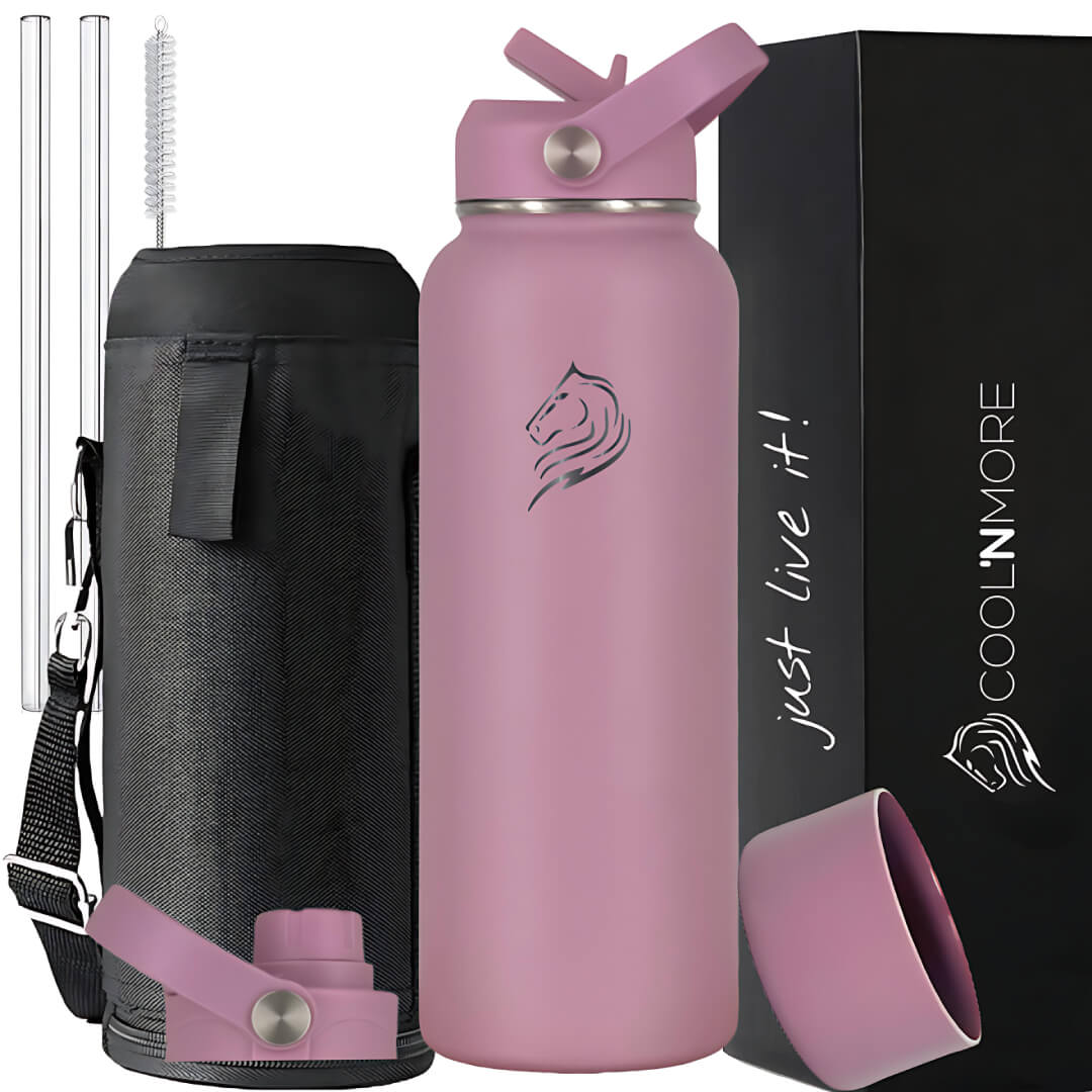 Coolnmore θερμος νερου 1 λιτρου με καλαμακι. Purple water bottle with black carrying case and straw, featuring 'Coolnmore' branding.