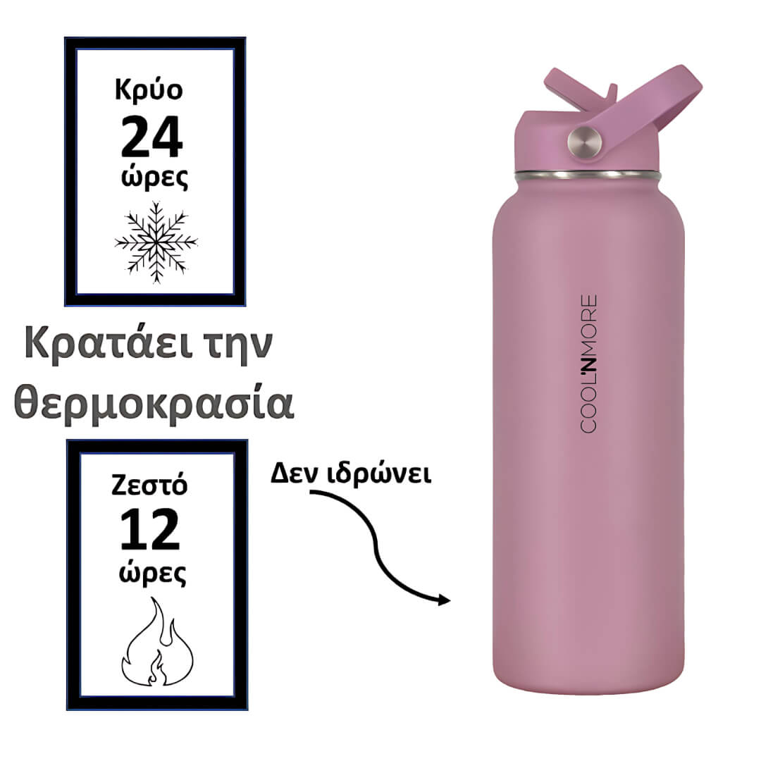 Coolnmore θερμος νερου 1 λιτρου με καλαμακι. Purple insulated bottle with text and temperature icons on a white background