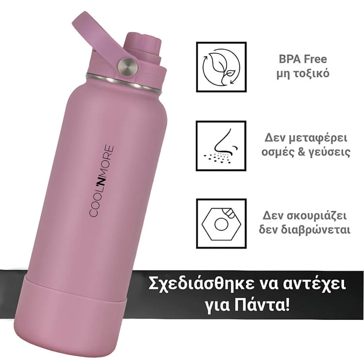 Coolnmore θερμος νερου 1 λιτρου με καλαμακι. Purple water bottle with a straw lid on a white background, featuring the brand 'Coolnmore'.