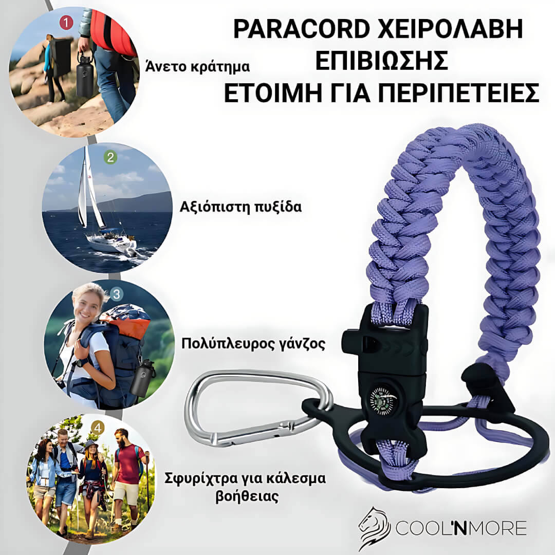 Paracord leash with carabiner on a white background with coolnmore logo and use images, for Coolnmore θερμος νερου 1 λιτρου με καλαμακι. 
