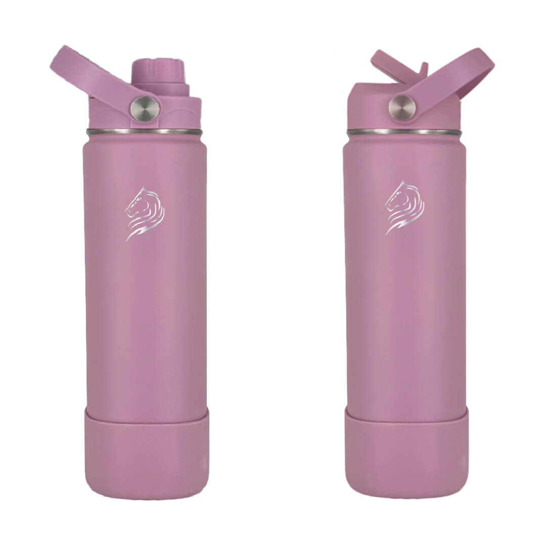 Coolnmore Velvet 500ml παγουρι θερμος νερου. Two pink water bottles with silver caps on a white background