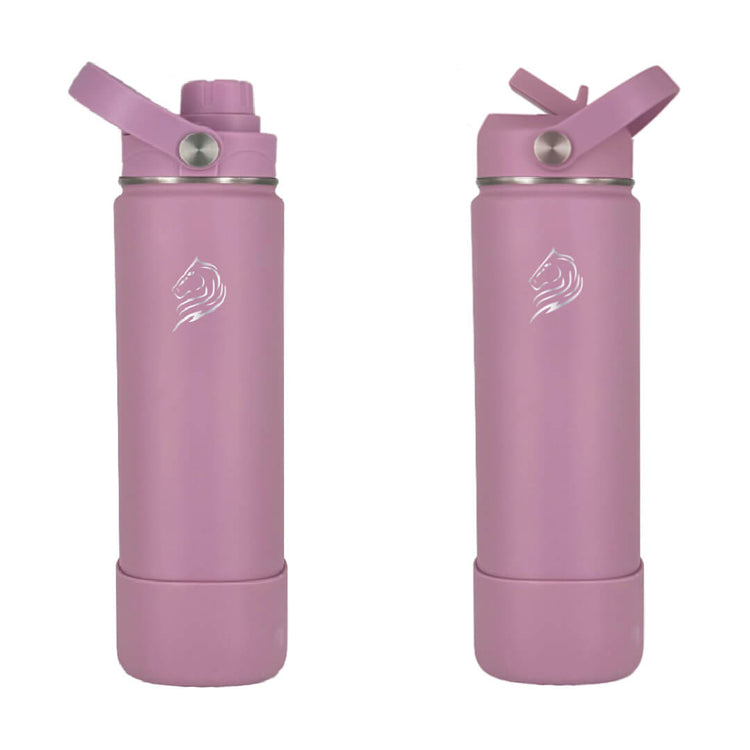 Coolnmore Velvet 500ml παγουρι θερμος νερου. Two pink water bottles with silver caps on a white background