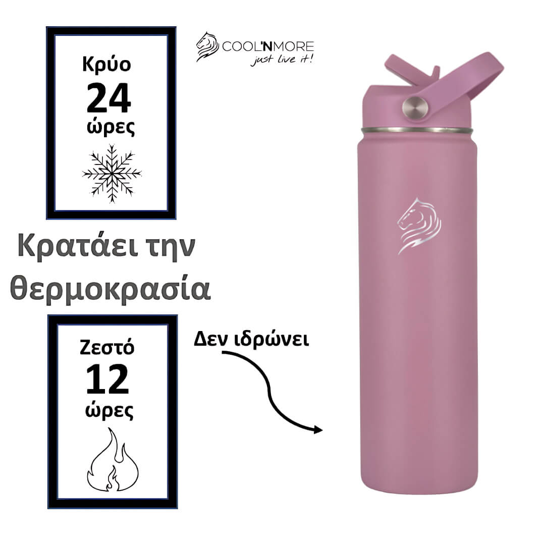 Coolnmore Velvet 500ml παγουρι θερμος νερου. Purple insulated bottle with coolnmore brand logo on a white background, featuring text about temperature retention.