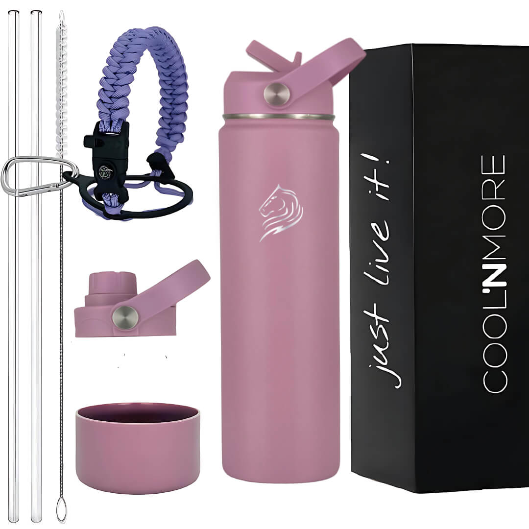 Coolnmore Velvet 500ml παγουρι θερμος νερου. Pink water bottle with set of accessories and 'Cool'n More' packaging on a white background