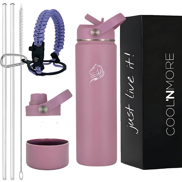 Coolnmore Velvet 500ml παγουρι θερμος νερου. Pink water bottle with set of accessories and 'Cool'n More' packaging on a white background