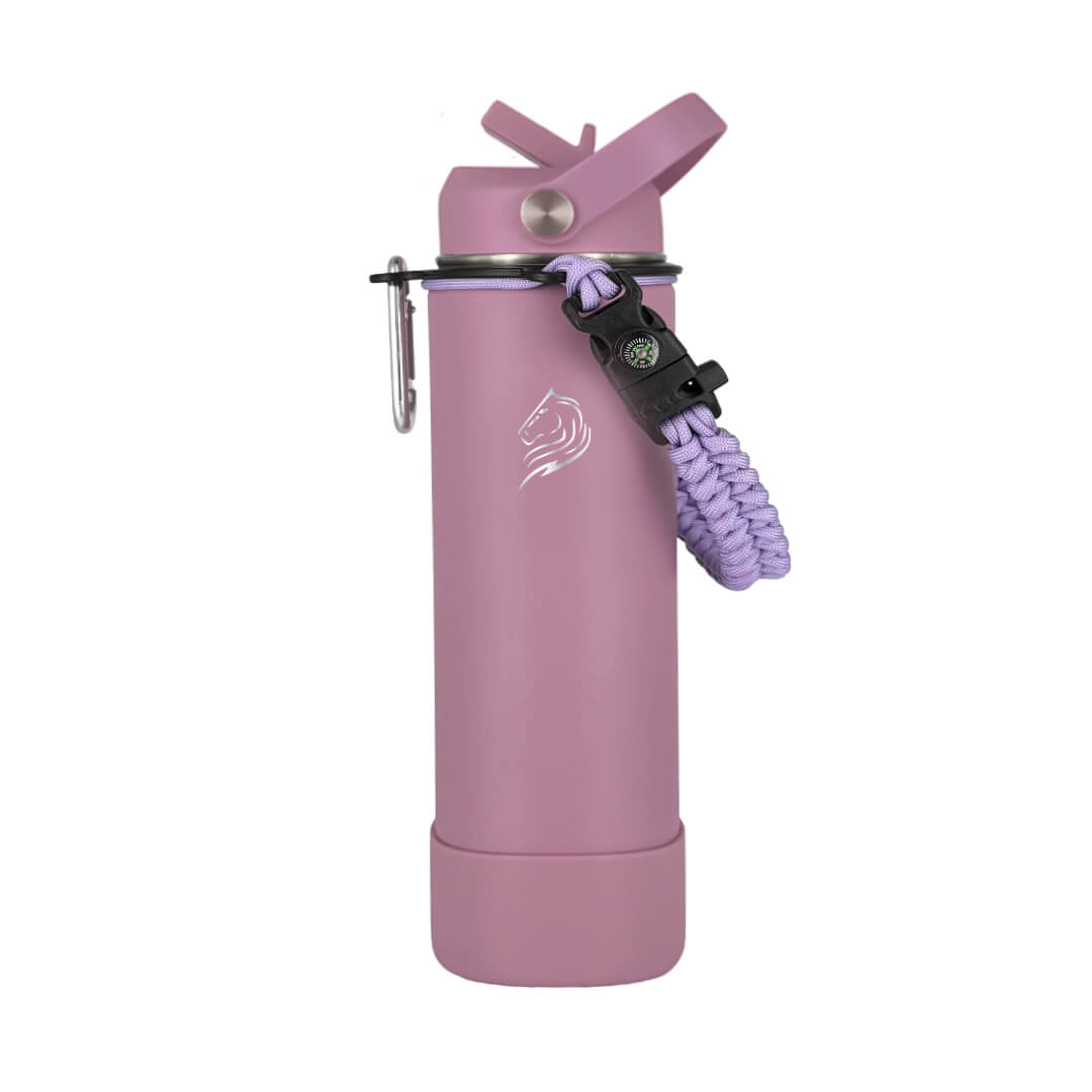 Coolnmore Velvet 500ml παγουρι θερμος νερου. Pink water bottle with purple strap and carabiner on a white background