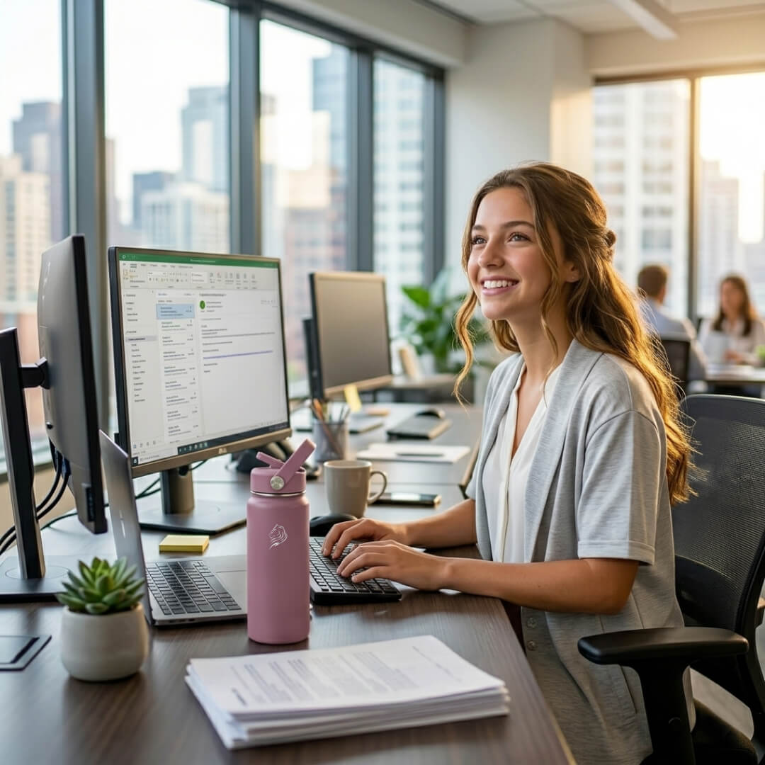 Coolnmore Velvet 500ml παγουρι θερμος νερου. woman working at a desk with her water bottle and multiple computer monitors in an office setting.