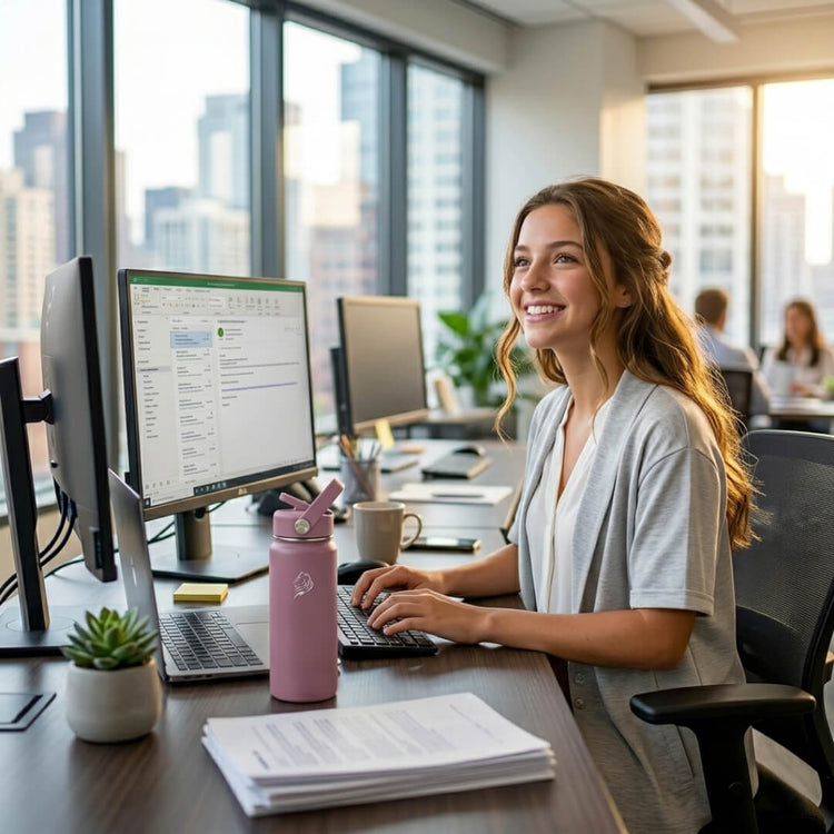 Coolnmore Velvet 500ml παγουρι θερμος νερου. woman working at a desk with her water bottle and multiple computer monitors in an office setting.