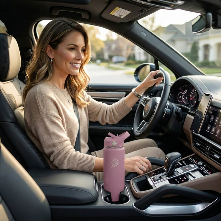 Woman sitting in a car with a pink water bottle in the cup holder Coolnmore Velvet 500ml παγουρι θερμος νερου. 