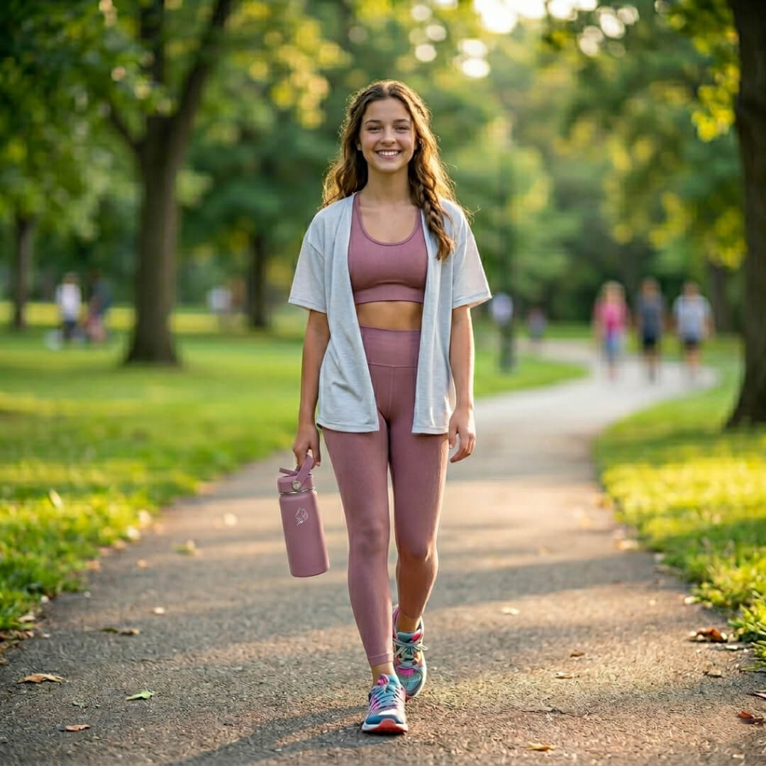 Woman in athletic wear walking in a park holding a water bottle Coolnmore Velvet 500ml παγουρι θερμος νερου. 
