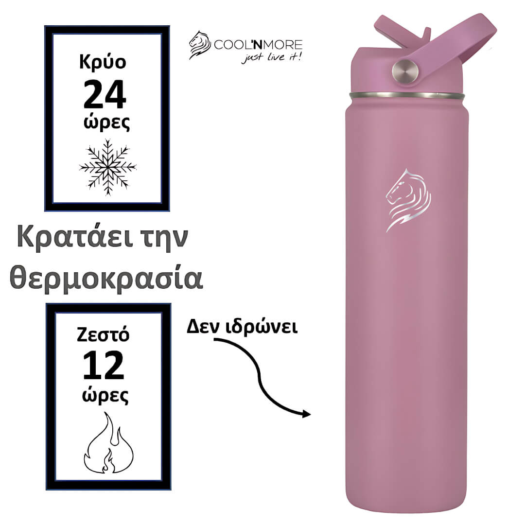 Coolnmore Vespera θερμος νερου ανοξειδωτο παγουρι θερμος 750ml. Purple insulated bottle with temperature display text and Coolnmore branding on a white background