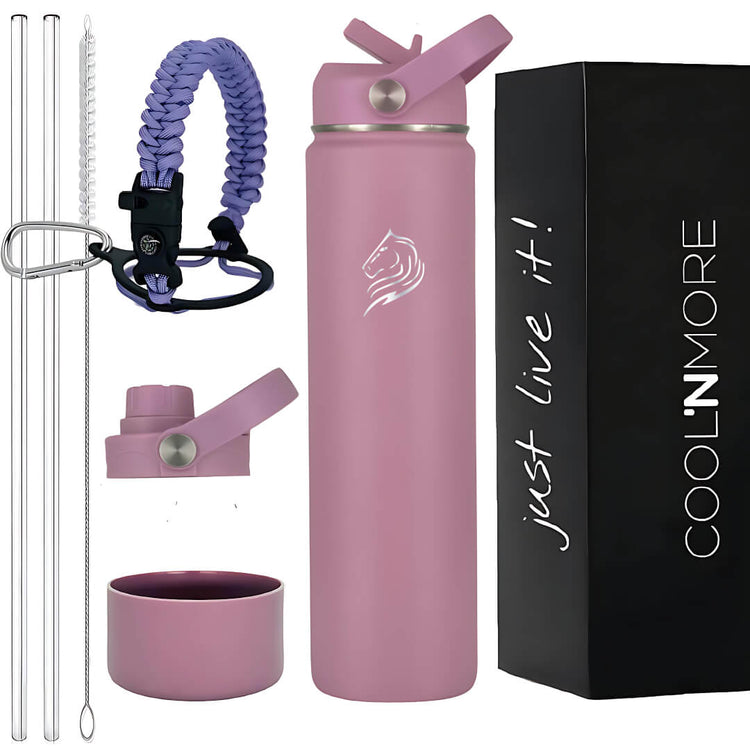 Coolnmore Vespera θερμος νερου ανοξειδωτο παγουρι θερμος 750ml. Purple water bottle set with accessories and 'Cool'n'More' packaging on a white background