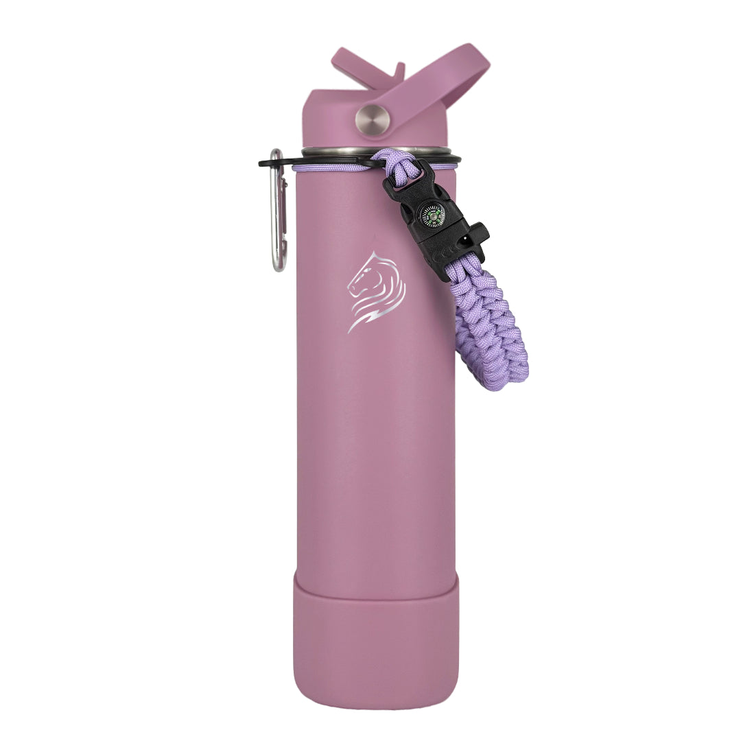 Coolnmore Vespera θερμος νερου ανοξειδωτο παγουρι θερμος 750ml. Purple water bottle with a carabiner and rope on a white background