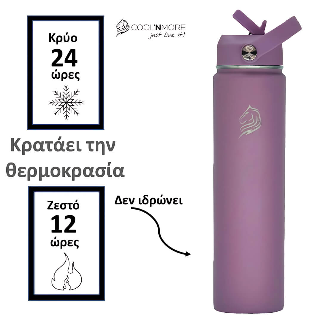 Coolnmore Vespera θερμος νερου ανοξειδωτο παγουρι θερμος 750ml. Purple insulated bottle with temperature display text and Coolnmore branding on a white background