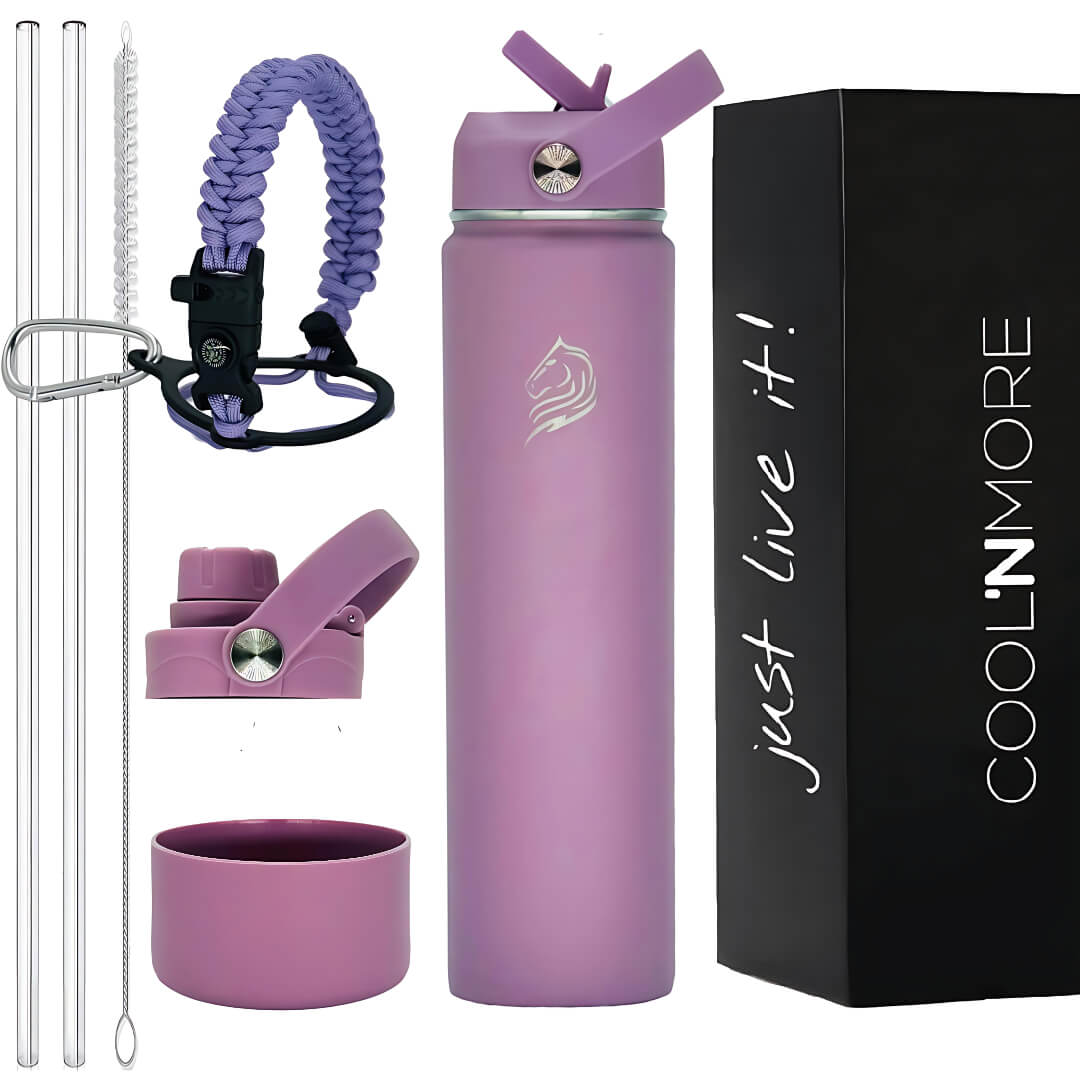 Coolnmore Vespera θερμος νερου ανοξειδωτο παγουρι θερμος 750ml. Purple water bottle set with accessories and 'Cool'n'More' packaging on a white background