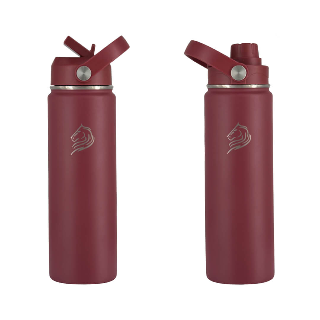 coolnmore-vibe-παγουρι θερμος νερου 500ml. Two maroon water bottles with coolnmore logo on a white background
