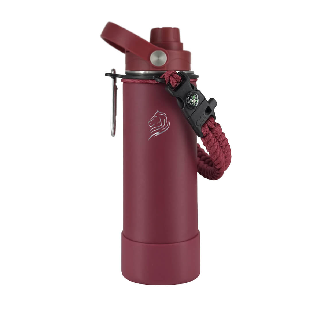 coolnmore-vibe-παγουρι θερμος νερου 500ml. Red water bottle with a paracord handle on a white background