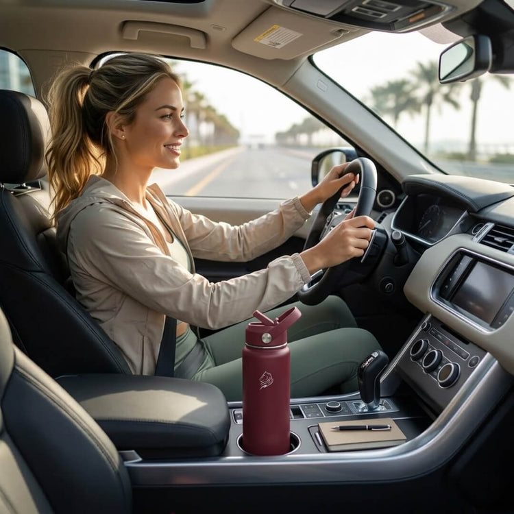 coolnmore-vibe-παγουρι θερμος νερου 500ml. Woman driving a car with a pomegranate water bottle in the cup holder.