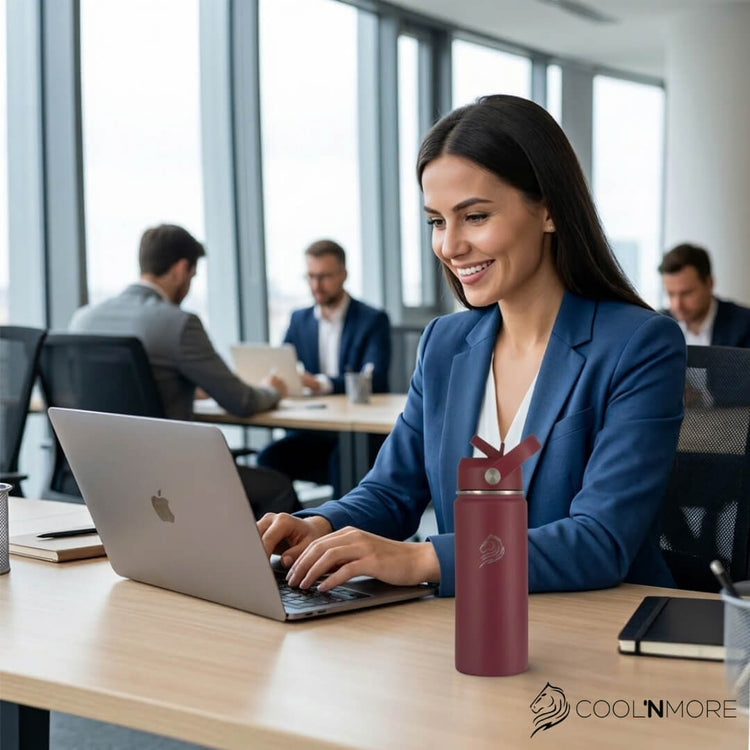 Woman working on a laptop in an office setting with a 'Coolmore' branded water bottle. Coolnmore-vibe-παγουρι θερμος νερου 500ml. 
