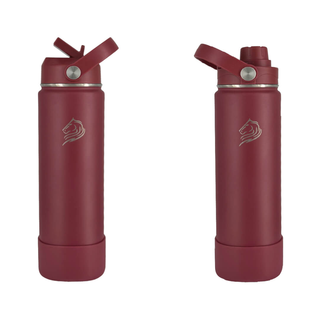 coolnmore-vibe-παγουρι θερμος νερου 500ml. Two red water bottles with different lids and Coolnmore logo on a white background