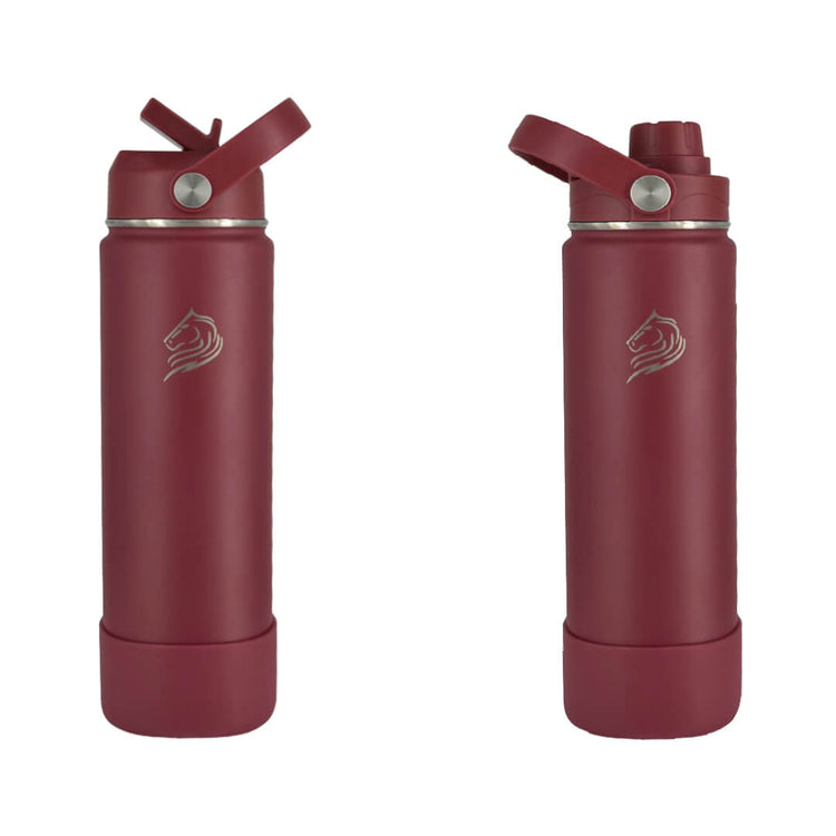 coolnmore-vibe-παγουρι θερμος νερου 500ml. Two red water bottles with different lids and Coolnmore logo on a white background
