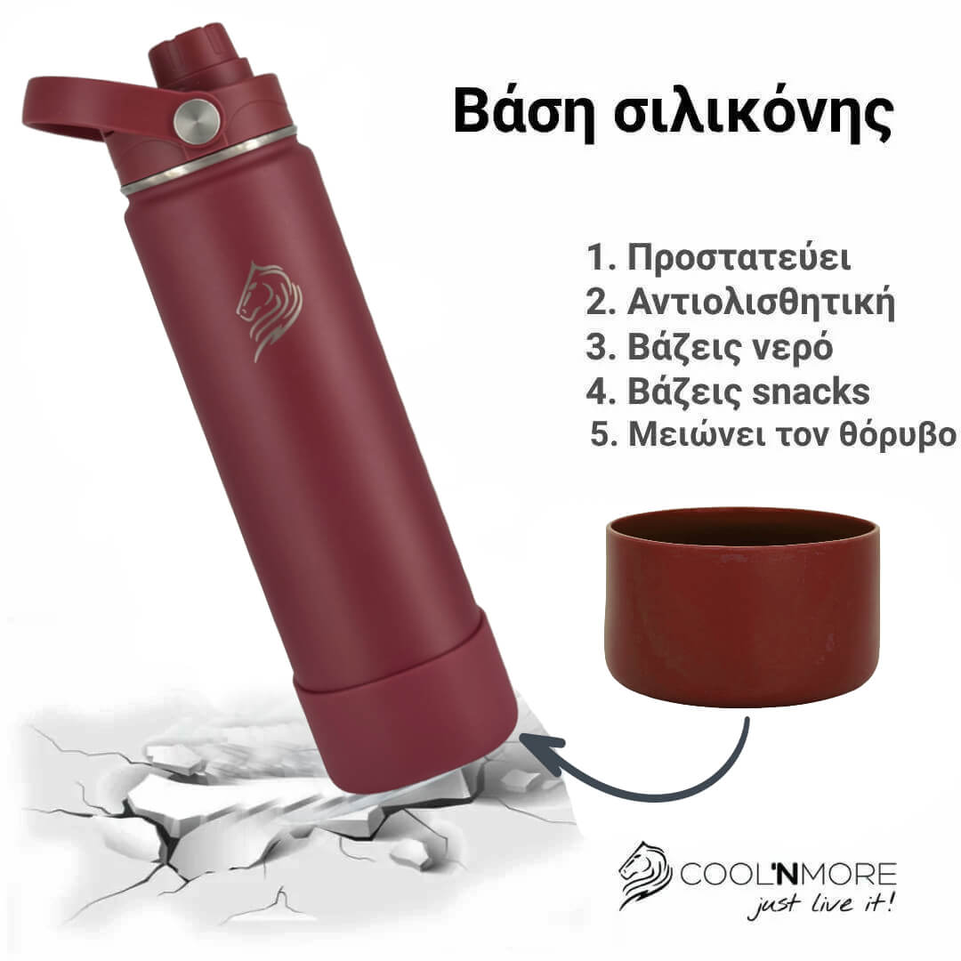 coolnmore θερμος νερου Vibe 750ml παγουρι θερμος. Red insulated bottle with silicone base on a white background, featuring Coolnmore branding.