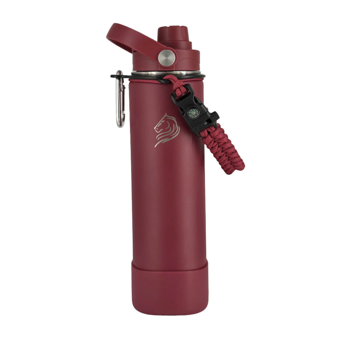 coolnmore θερμος νερου Vibe 750ml παγουρι θερμος. Red water bottle with a carabiner on a white background