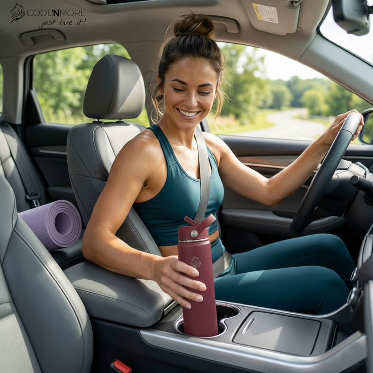 coolnmore θερμος νερου Vibe 750ml παγουρι θερμος. Woman sitting in a car holding a pink water bottle with a visible brand logo.