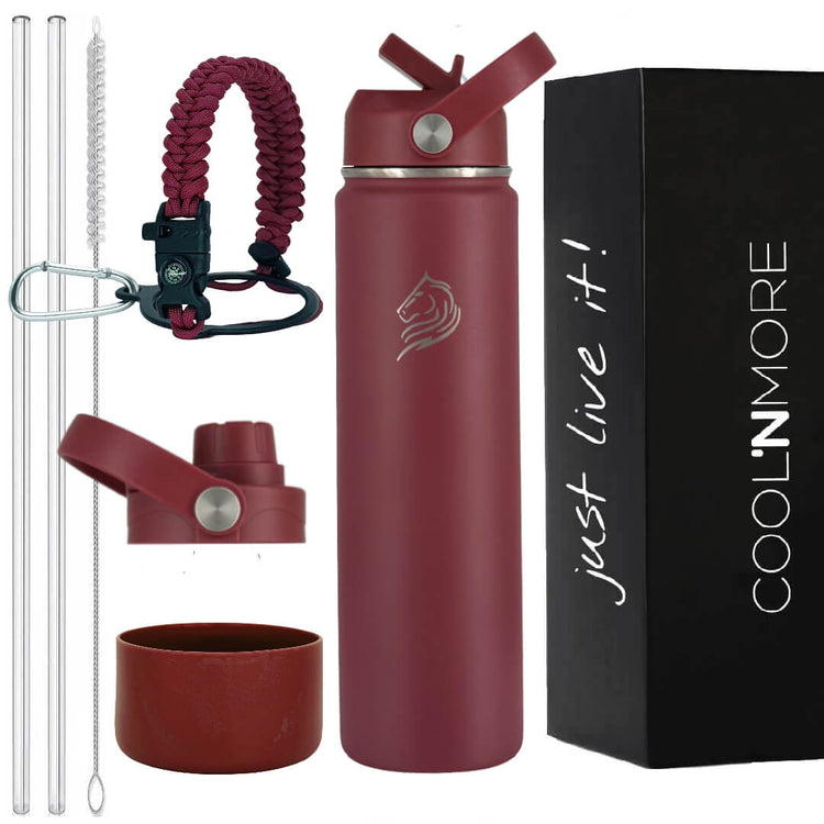 coolnmore θερμος νερου Vibe 750ml παγουρι θερμος. Red water bottle set with accessories and 'Cool'n'More' branding.