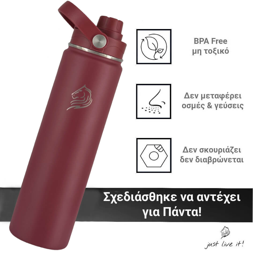 coolnmore θερμος νερου Vibe 750ml παγουρι θερμος. Red water bottle with a logo on a white background, featuring BPA-free and other product information.