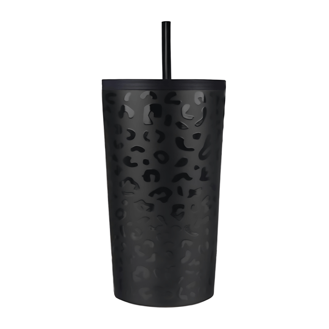 Coolnmore Black leopard tumbler ποτηρι θερμος καφε με καλαμακι ανοξειδωτο 350ml