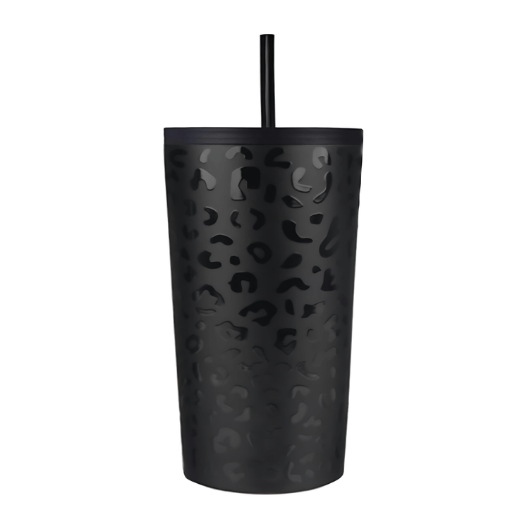 Coolnmore Black leopard tumbler ποτηρι θερμος καφε με καλαμακι ανοξειδωτο 350ml