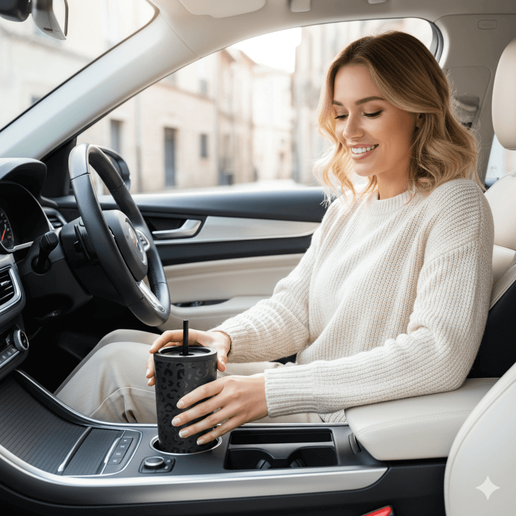 γυναικα καθεται στο αυτοκινητο της και κραταει θερμος καφε black leopard της coolnmore, 350ml