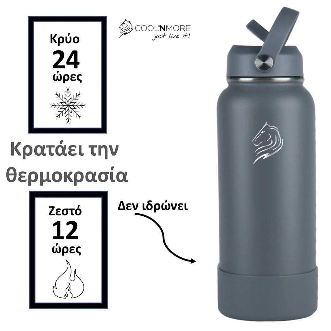 coolnmore lava grey μπουκαλι θερμος νερου 1 λιτρο ανοξειδωτο κραταει τα ροφηματα κρυα εως 24 ωρες και ζεστα εως 12 ωρες 1000ml ματ
