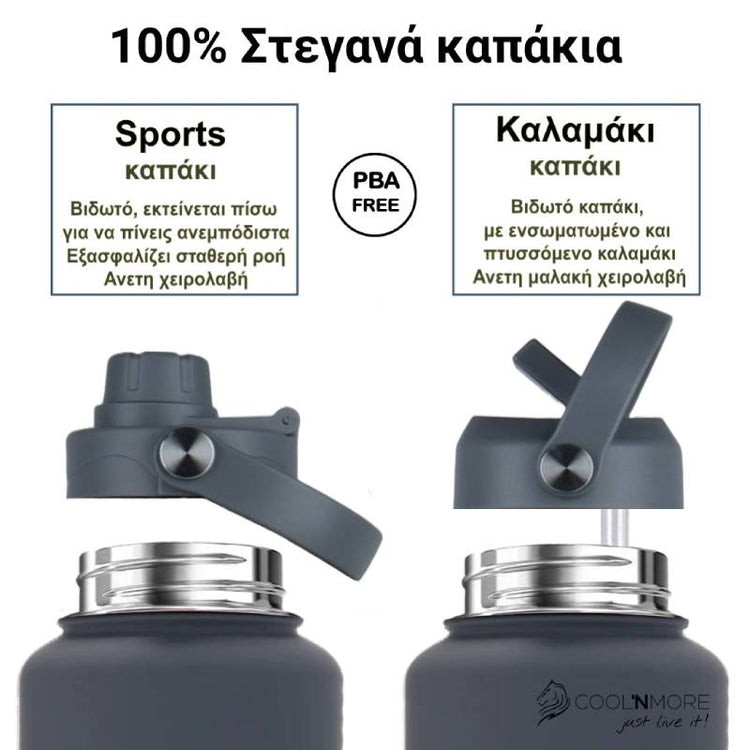 coolnmore lava grey μπουκαλι θερμος νερου ανοξειδωτο με καπακι καλαμακι και sports καπακι 100% στεγανά, 1000ml γκρι ματ