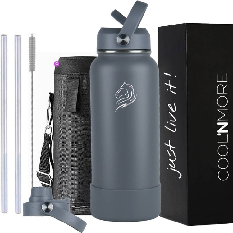 coolnmore lava grey παγουρι θερμος ανοξειδωτο με καλαμακι 1000ml γκρι ματ