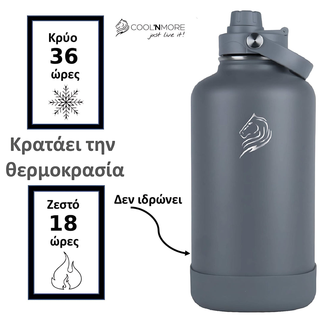 coolnmore θερμός 2L lava grey κραταει την θερμοκρασία για κρυα ροφήματα 36 ωρες και ζεστα για 18 ωρες
